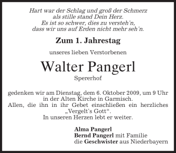 Traueranzeige von Walter Pangerl von MERKUR & TZ
