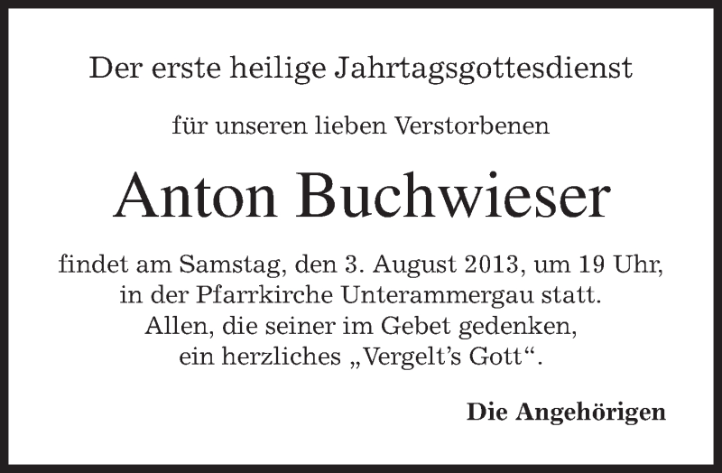  Traueranzeige für Anton Buchwieser vom 01.08.2013 aus merkurtz