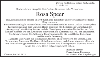 Traueranzeige von Rosa Speer von merkurtz