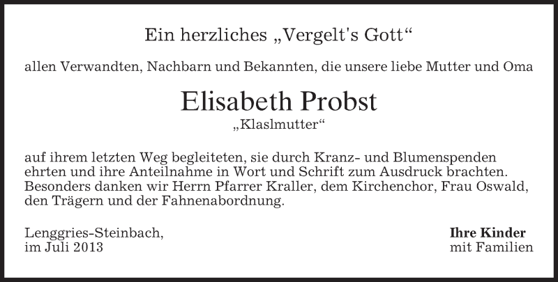  Traueranzeige für Elisabeth Probst vom 27.07.2013 aus merkurtz