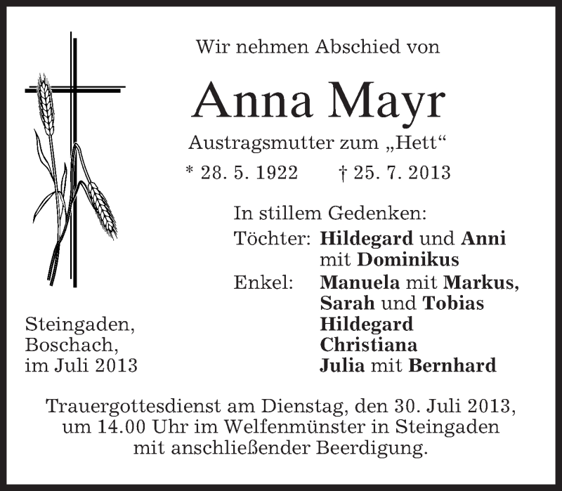  Traueranzeige für Anna Mayr vom 29.07.2013 aus merkurtz