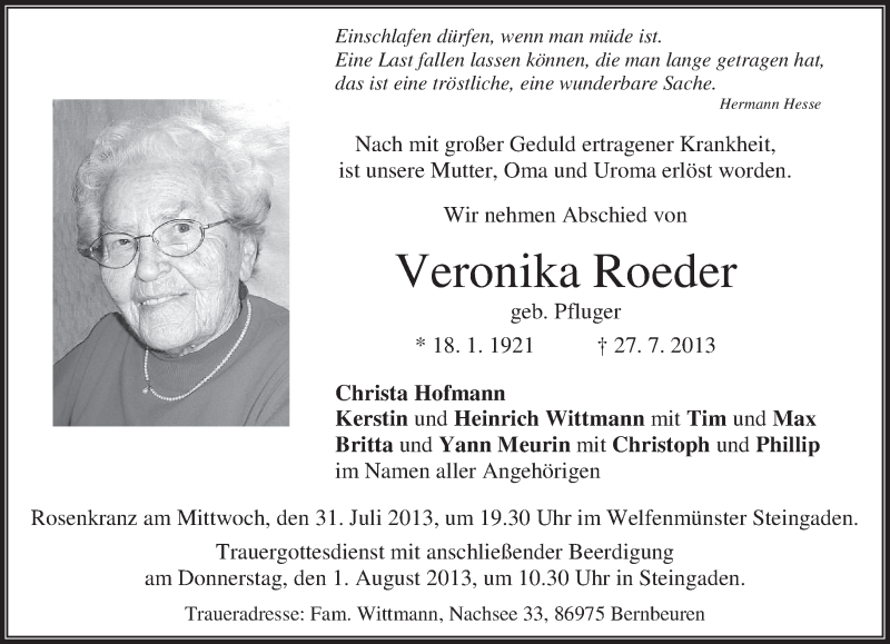  Traueranzeige für Veronika Roeder vom 30.07.2013 aus merkurtz