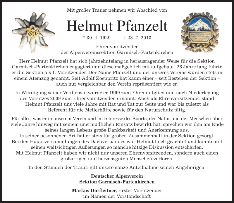  Traueranzeige für Helmut Pfanzelt vom 31.07.2013 aus merkurtz
