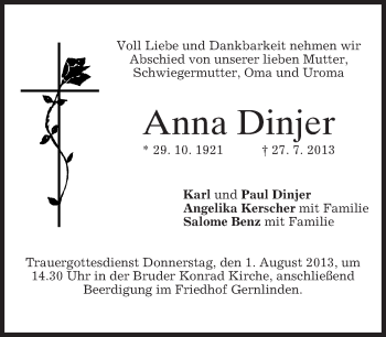 Traueranzeige von Anna Dinjer von merkurtz