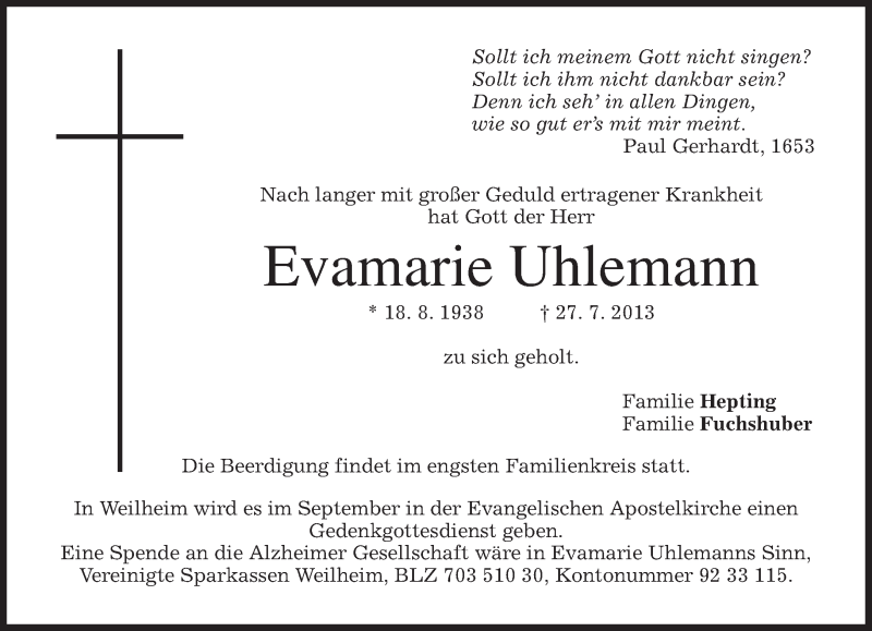  Traueranzeige für Evamarie Uhlemann vom 30.07.2013 aus merkurtz
