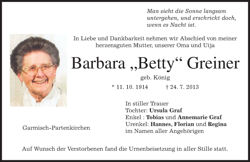 Traueranzeigen von Barbara Greiner | trauer.merkur.de