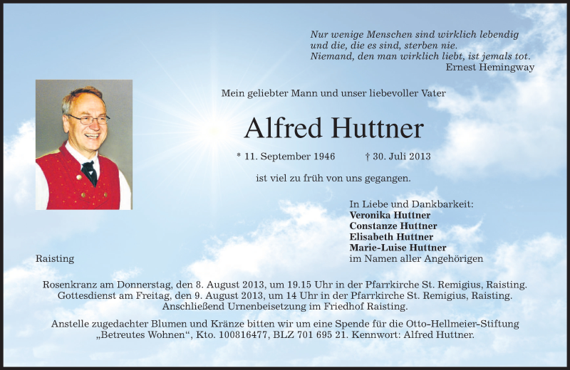  Traueranzeige für Alfred Huttner vom 03.08.2013 aus merkurtz