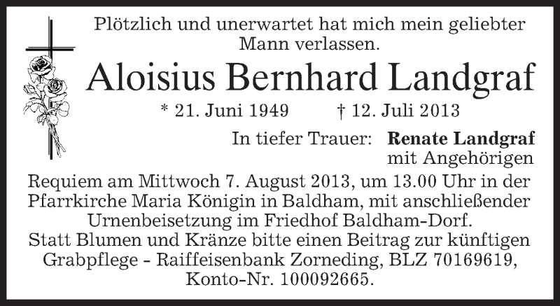  Traueranzeige für Aloisius Bernhard Landgraf vom 03.08.2013 aus merkurtz