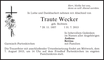 Traueranzeige von Traute Wecker von merkurtz