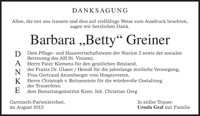  Traueranzeige für Barbara Greiner vom 10.08.2013 aus merkurtz