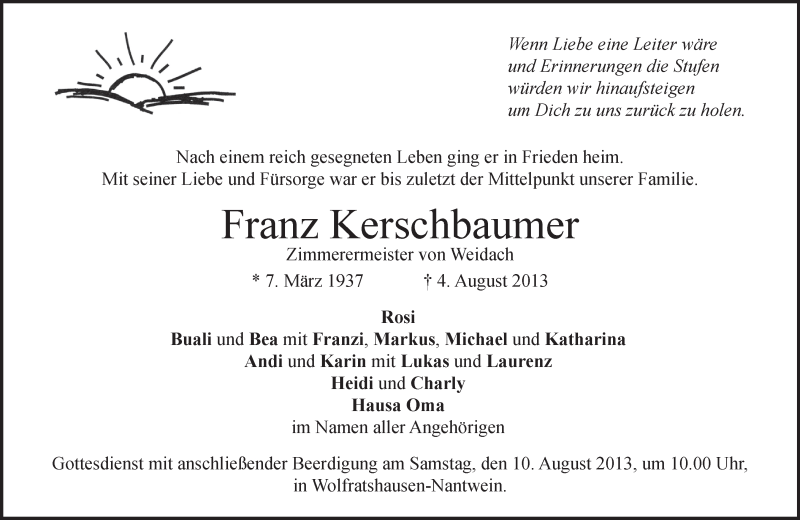  Traueranzeige für Franz Kerschbaumer vom 07.08.2013 aus merkurtz