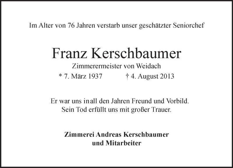  Traueranzeige für Franz Kerschbaumer vom 07.08.2013 aus merkurtz
