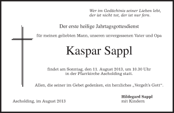 Traueranzeige von Kaspar Sappl von merkurtz