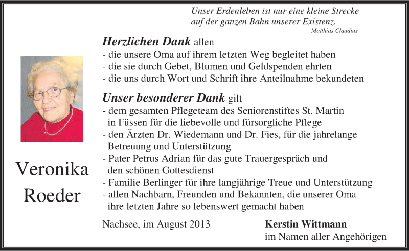  Traueranzeige für Veronika Roeder vom 08.08.2013 aus merkurtz