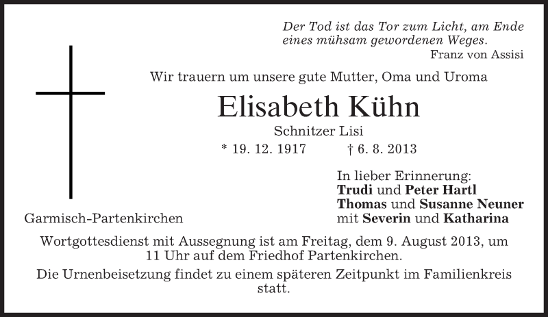  Traueranzeige für Elisabeth Kühn vom 08.08.2013 aus merkurtz