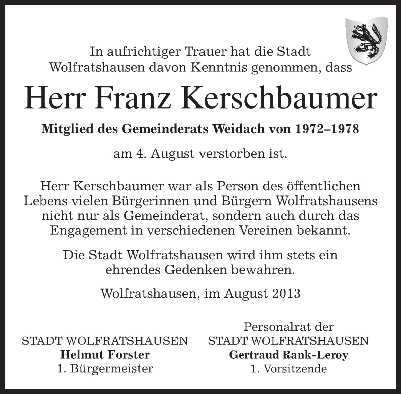  Traueranzeige für Franz Kerschbaumer vom 08.08.2013 aus merkurtz