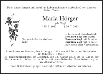 Traueranzeige von Maria Hörger von merkurtz
