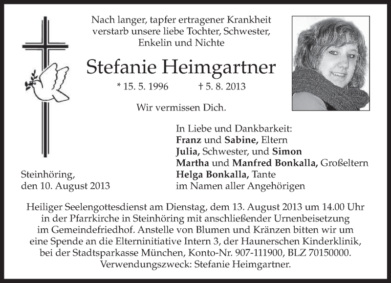  Traueranzeige für Stefanie Heimgartner vom 10.08.2013 aus merkurtz
