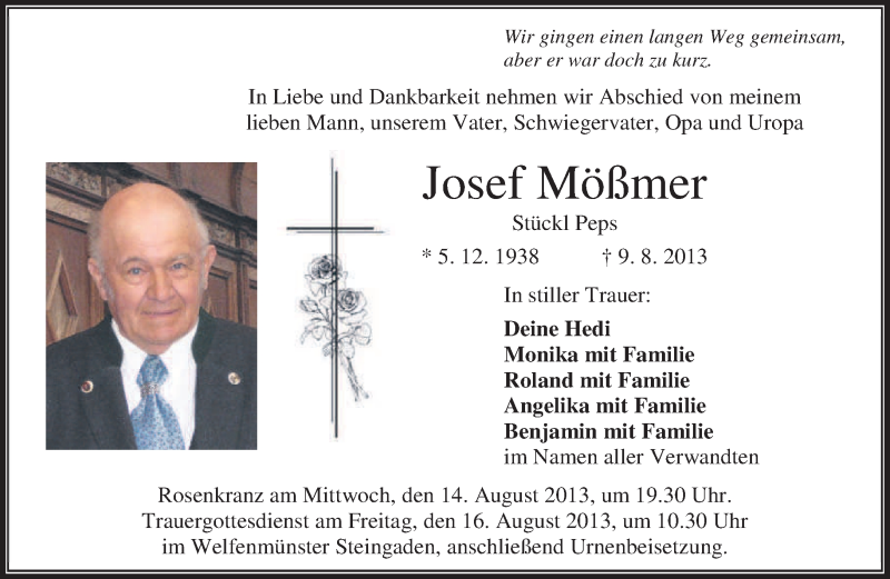  Traueranzeige für Josef Mößmer vom 12.08.2013 aus merkurtz