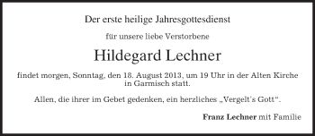 Traueranzeige von Hildegard Lechner von merkurtz