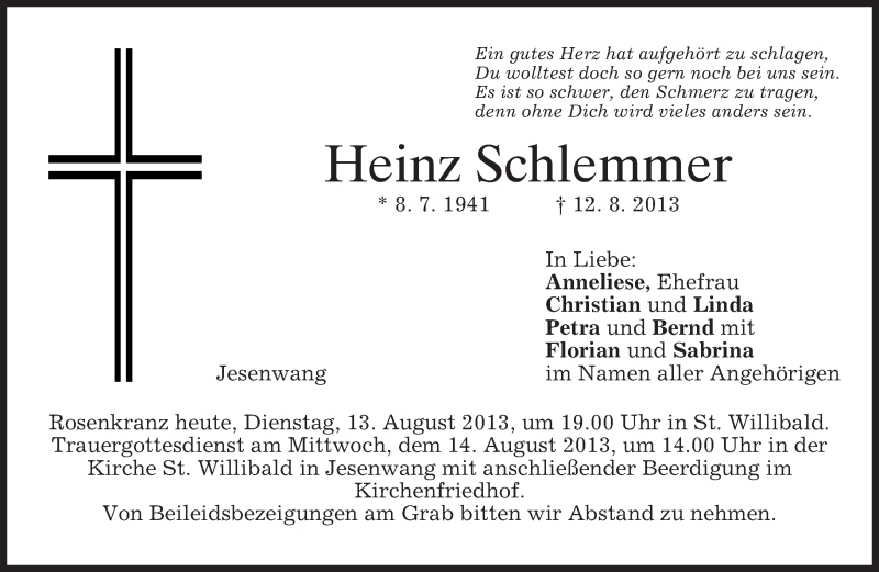  Traueranzeige für Heinz Schlemmer vom 13.08.2013 aus merkurtz