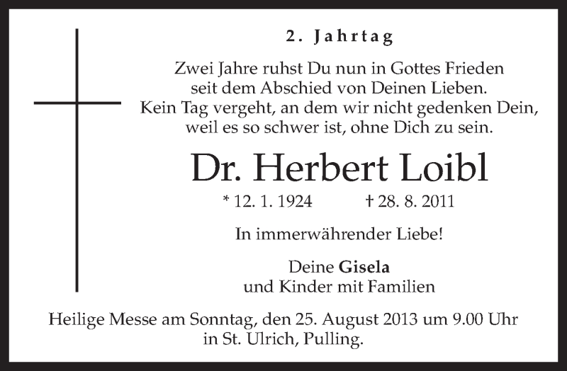  Traueranzeige für Herbert Loibl vom 24.08.2013 aus merkurtz