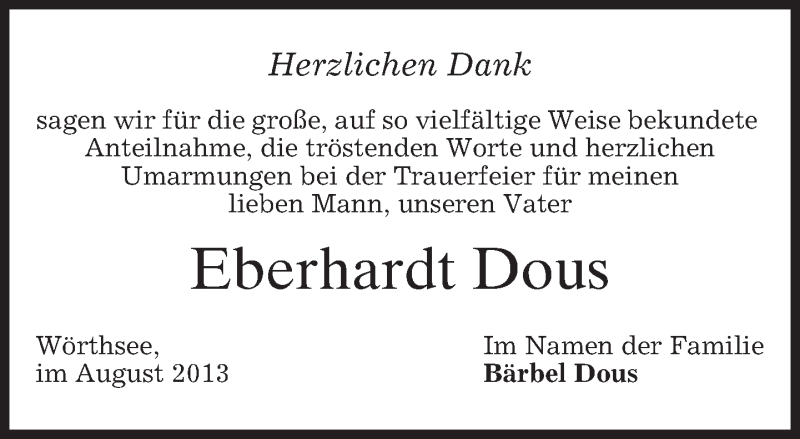  Traueranzeige für Eberhardt Dous vom 14.08.2013 aus merkurtz