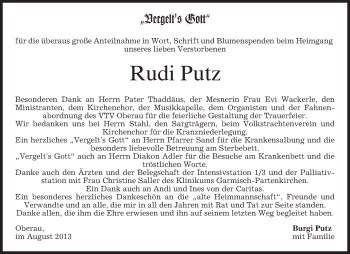 Traueranzeige von Rudi Putz von merkurtz