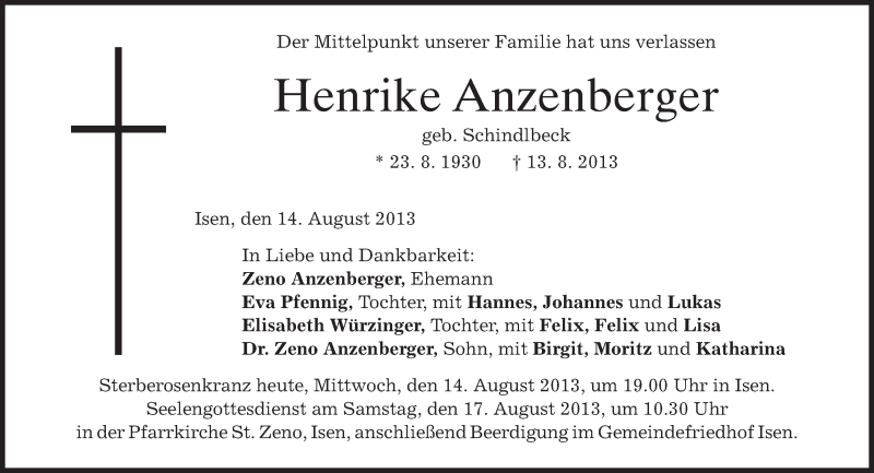  Traueranzeige für Henrike Anzenberger vom 14.08.2013 aus merkurtz