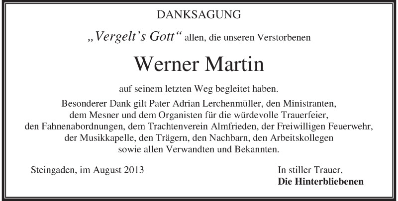  Traueranzeige für Werner Martin vom 16.08.2013 aus merkurtz