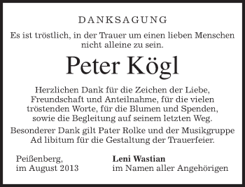 Traueranzeige von Peter Kögl von merkurtz