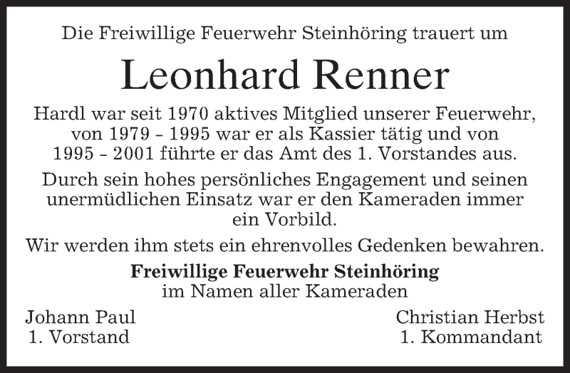  Traueranzeige für Leonhard Renner vom 19.08.2013 aus merkurtz