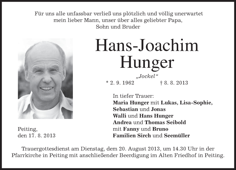  Traueranzeige für Hans-Joachim Hunger vom 17.08.2013 aus merkurtz
