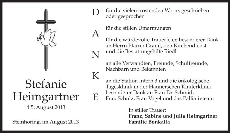  Traueranzeige für Stefanie Heimgartner vom 17.08.2013 aus merkurtz