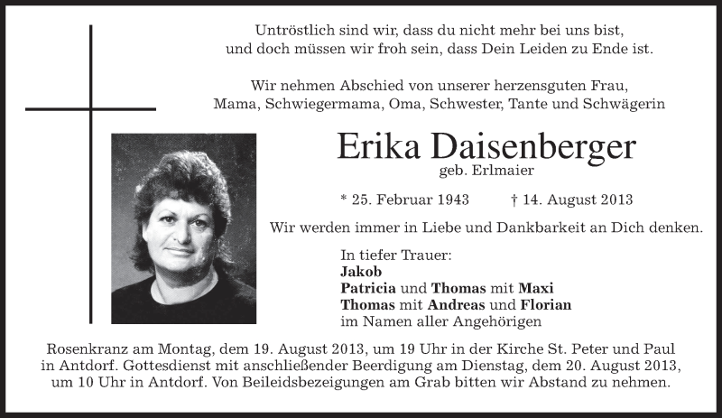  Traueranzeige für Erika Daisenberger vom 17.08.2013 aus merkurtz
