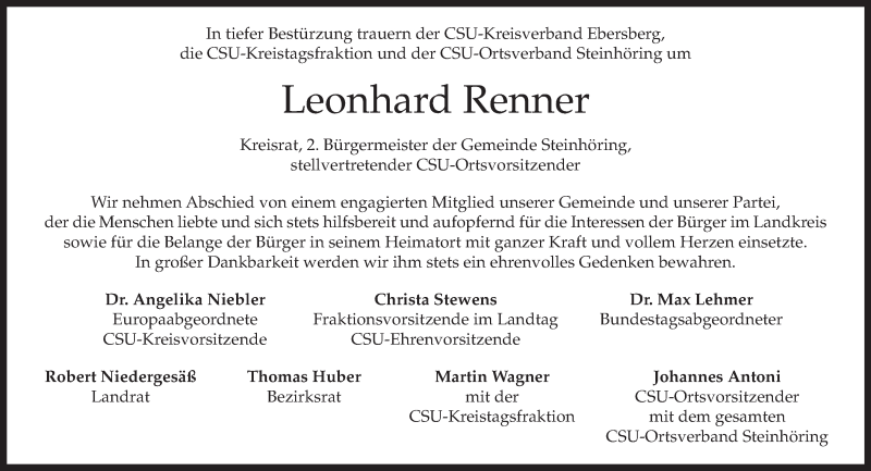  Traueranzeige für Leonhard Renner vom 19.08.2013 aus merkurtz