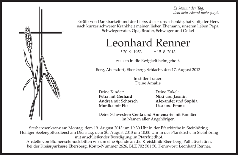 Traueranzeige für Leonhard Renner vom 17.08.2013 aus merkurtz