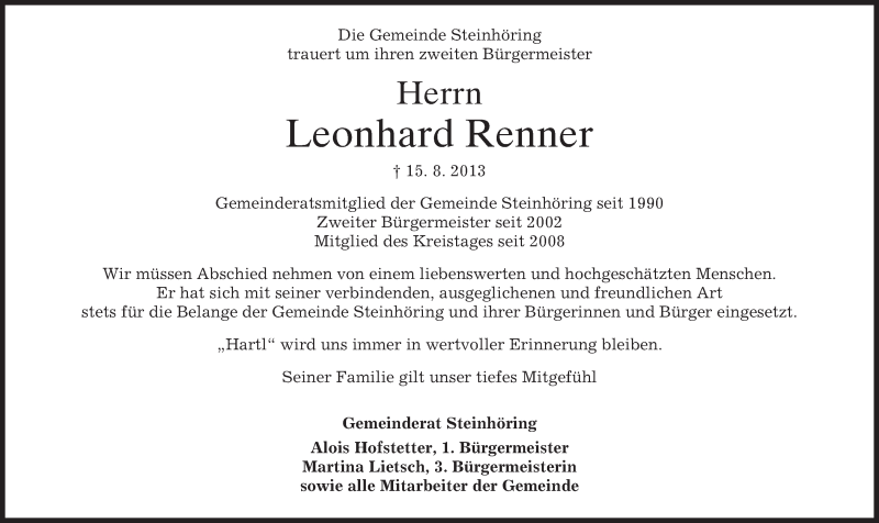  Traueranzeige für Leonhard Renner vom 19.08.2013 aus merkurtz