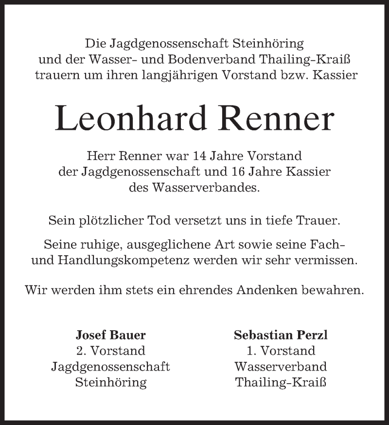  Traueranzeige für Leonhard Renner vom 19.08.2013 aus merkurtz