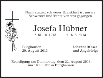 Traueranzeige von Josefa Hübner von merkurtz