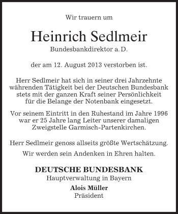 Traueranzeige von Heinrich Sedlmeir von merkurtz