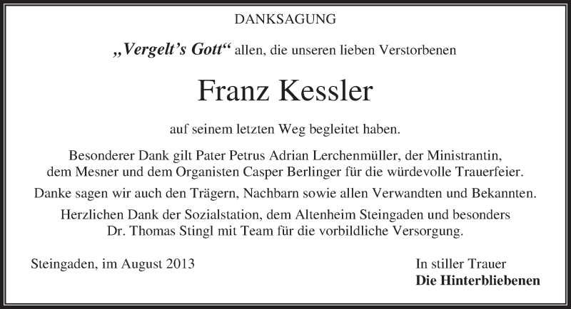  Traueranzeige für Franz Kessler vom 22.08.2013 aus merkurtz