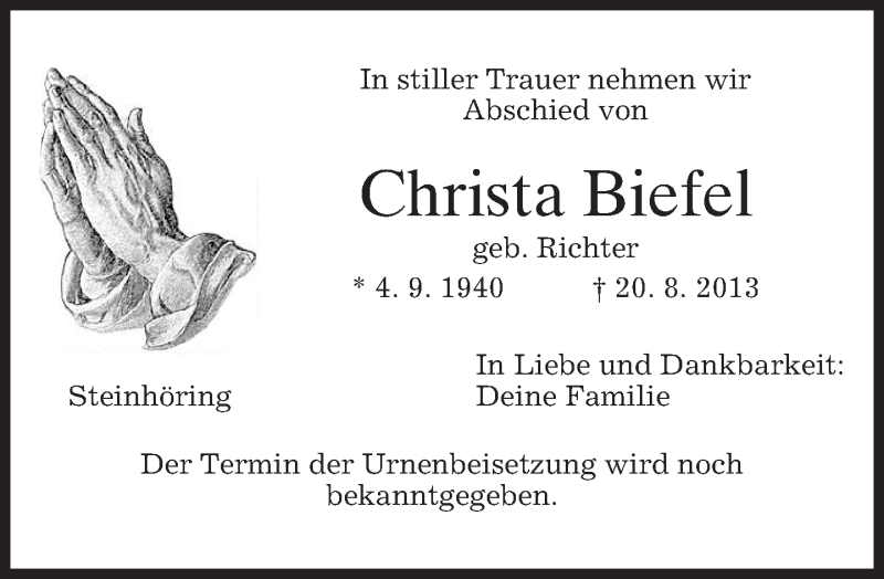  Traueranzeige für Christa Biefel vom 22.08.2013 aus merkurtz