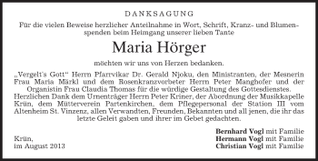 Traueranzeige von Maria Hörger von merkurtz