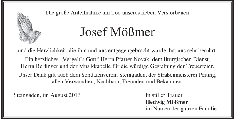  Traueranzeige für Josef Mößmer vom 24.08.2013 aus merkurtz