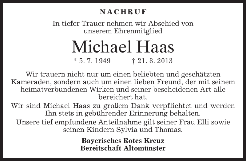  Traueranzeige für Michael Haas vom 24.08.2013 aus merkurtz