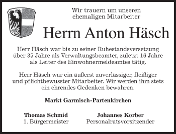 Traueranzeige von Anton Häsch von merkurtz