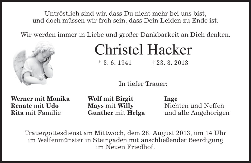  Traueranzeige für Christel Hacker vom 27.08.2013 aus merkurtz