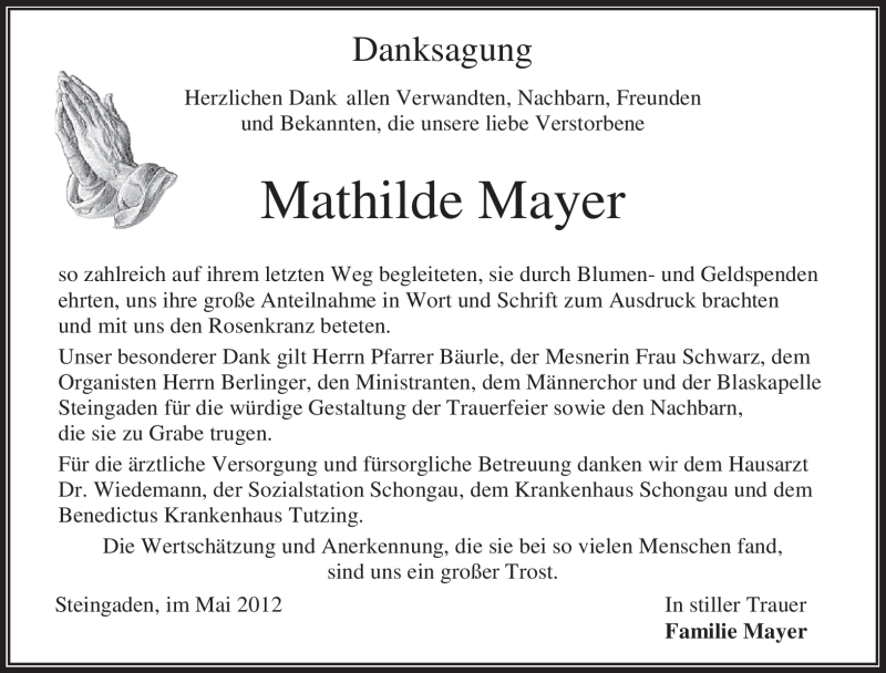  Traueranzeige für Mathilde Mayer vom 12.05.2012 aus MERKUR & TZ