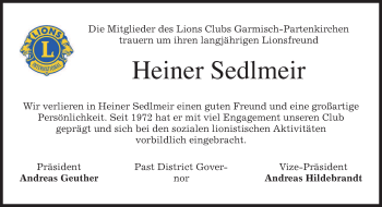 Traueranzeige von Heiner Sedlmeir von merkurtz